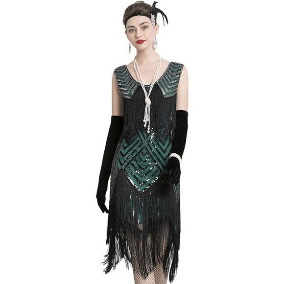 ✨💚 Flapper Great Gatsby 1920s Retro Tassel Fringe Sequin Green Dress XL NEW - Picture 1 of 17